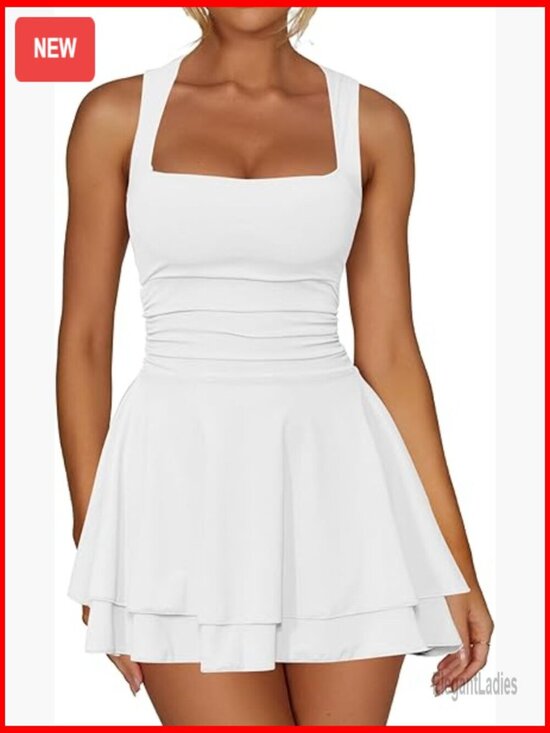 Dresses & Skirts - Sleeveless Mini Dress Ruched Waist Ruffle Hem Party Club Cocktail